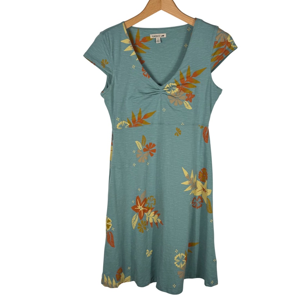 Toad&Co Womens Rosemarie Dress Womens S Blue Tropical Floral V-Neck Cap Sleeve